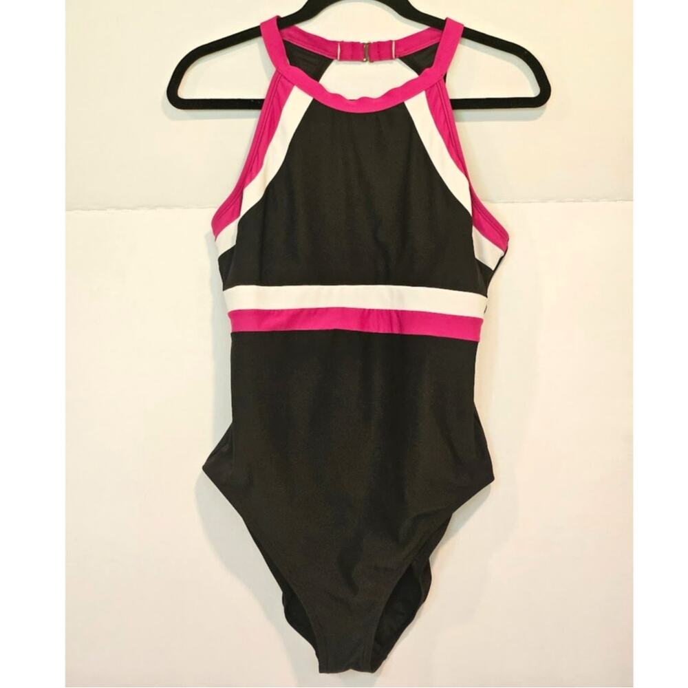 Vintage Jag Sporty High-Neck Color-block One-Piece Swimsuit – Blk & Magenta Pink